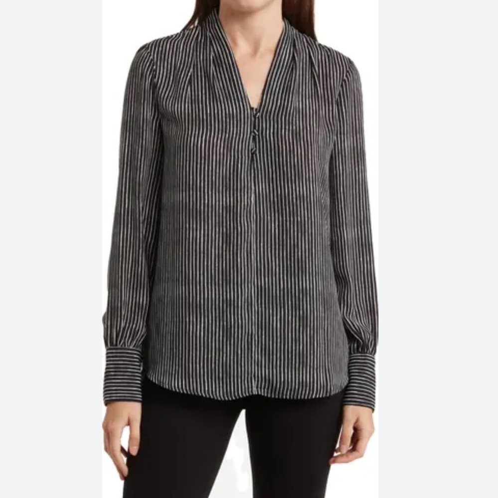 Adriana Papell Printed Crepe Black and White Striped Long Sleeve  Blouse Size L